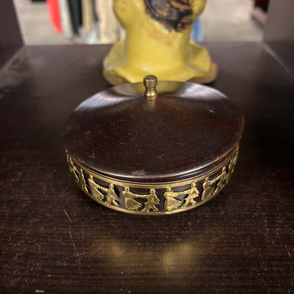 Art Deco Erhard & Söhne Brass and Rosewood Round Trinket Box with Dancing Frieze